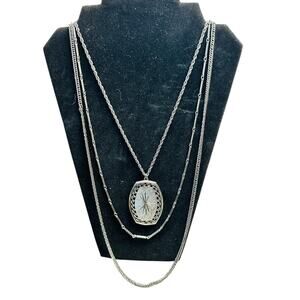 Vintage Triple Strand Silvertone Necklace ~ Starburst Etched Pendant ~ 18” / 30”